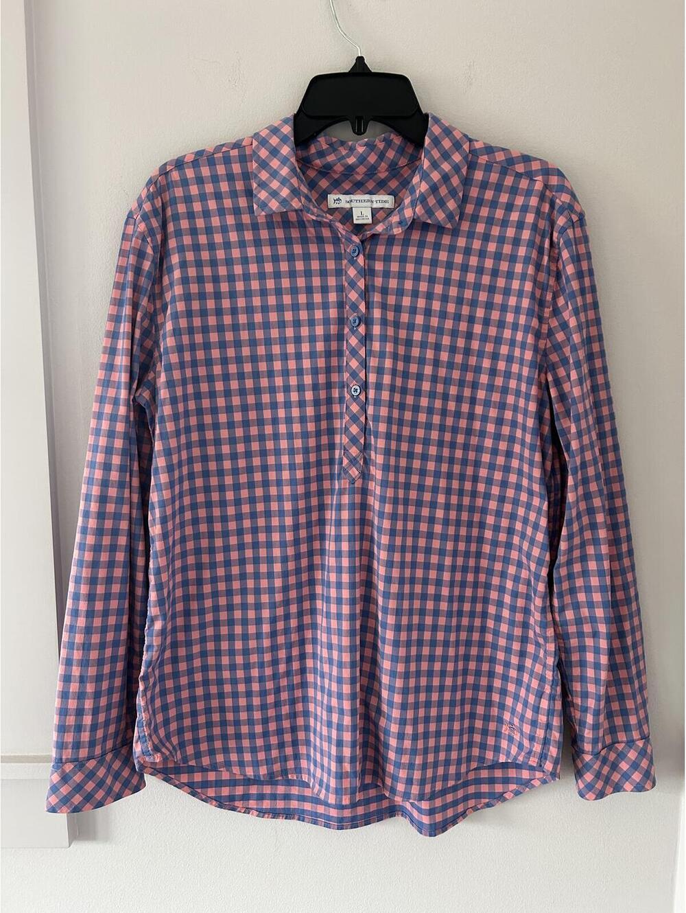 Southern Tide Intercoastal  Pink and Blue Plaid Quarter Button Blouse